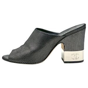 Chanel Striped Suede Peep Toe Mule Sandals with Logo Heel - Size 40.5